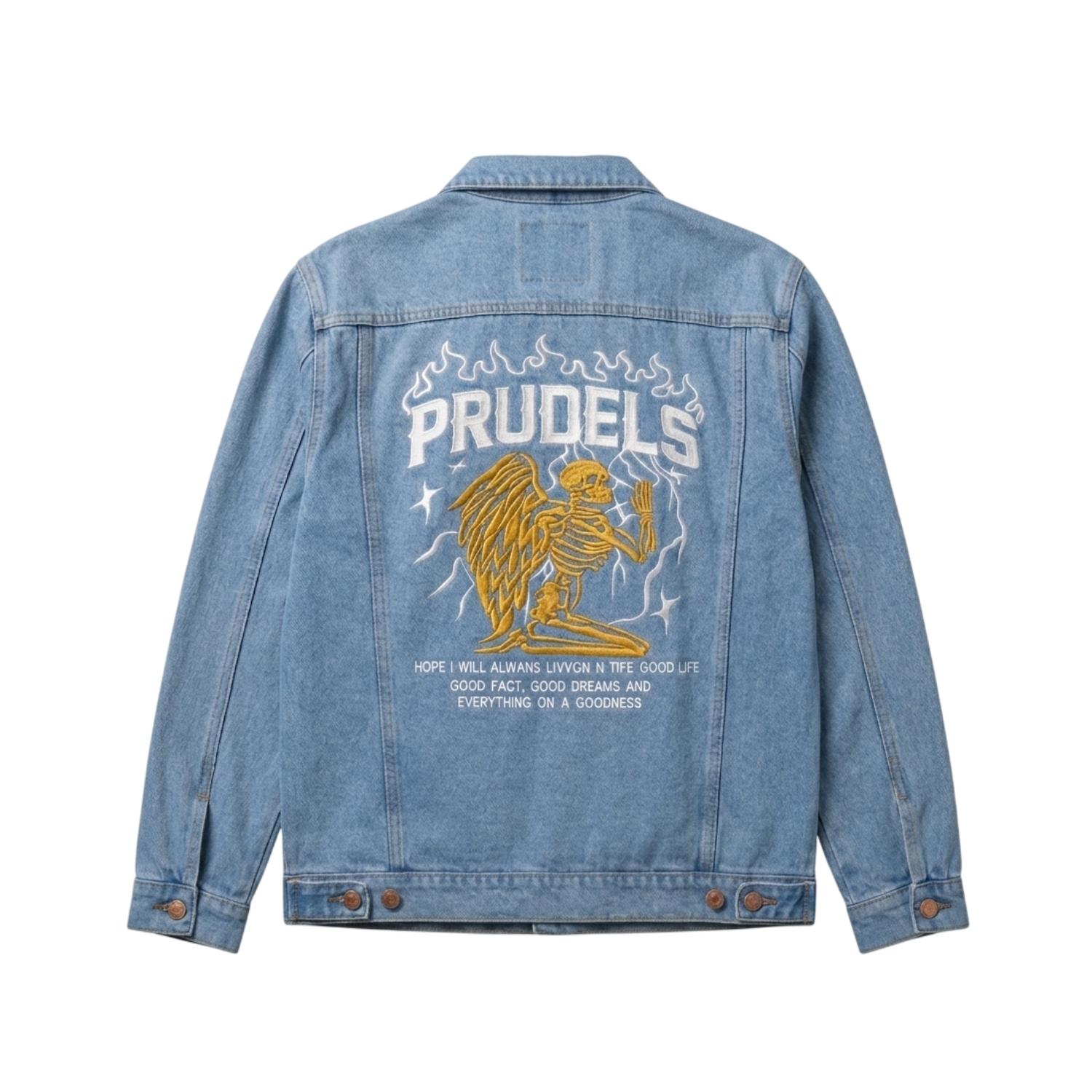 Prudels Jaket Denim Pria Blue Wash - Jaket Jeans Distro Grafis Skeleton Angel - Streetwear Oversize Trucker Jacket foto 2