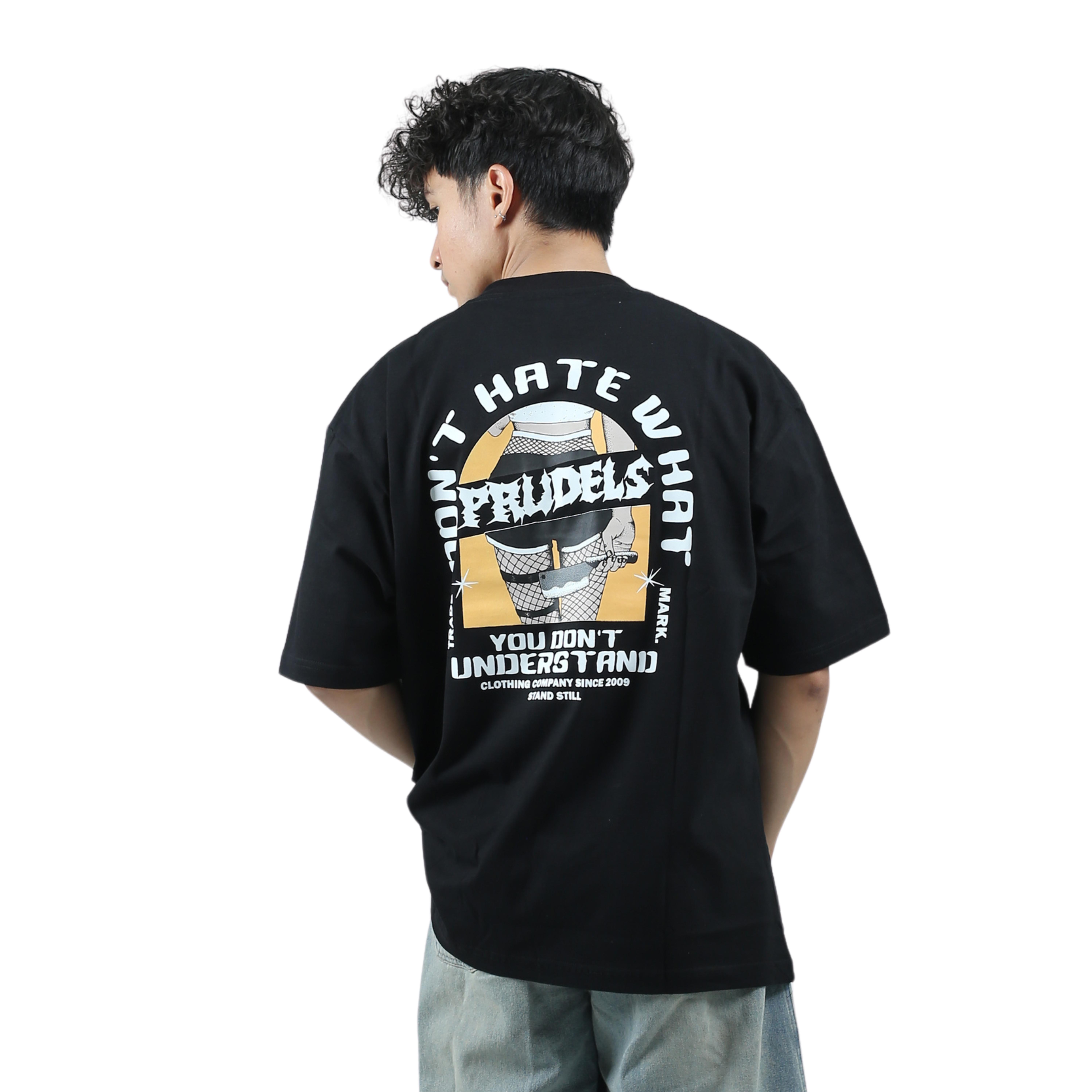 PRUDELS Kaos Oversize Hitam Unisex - Premium Distro Streetwear - Artikel Knife Back - T-Shirt Full Cotton 16s Tebal & Tegas foto 3