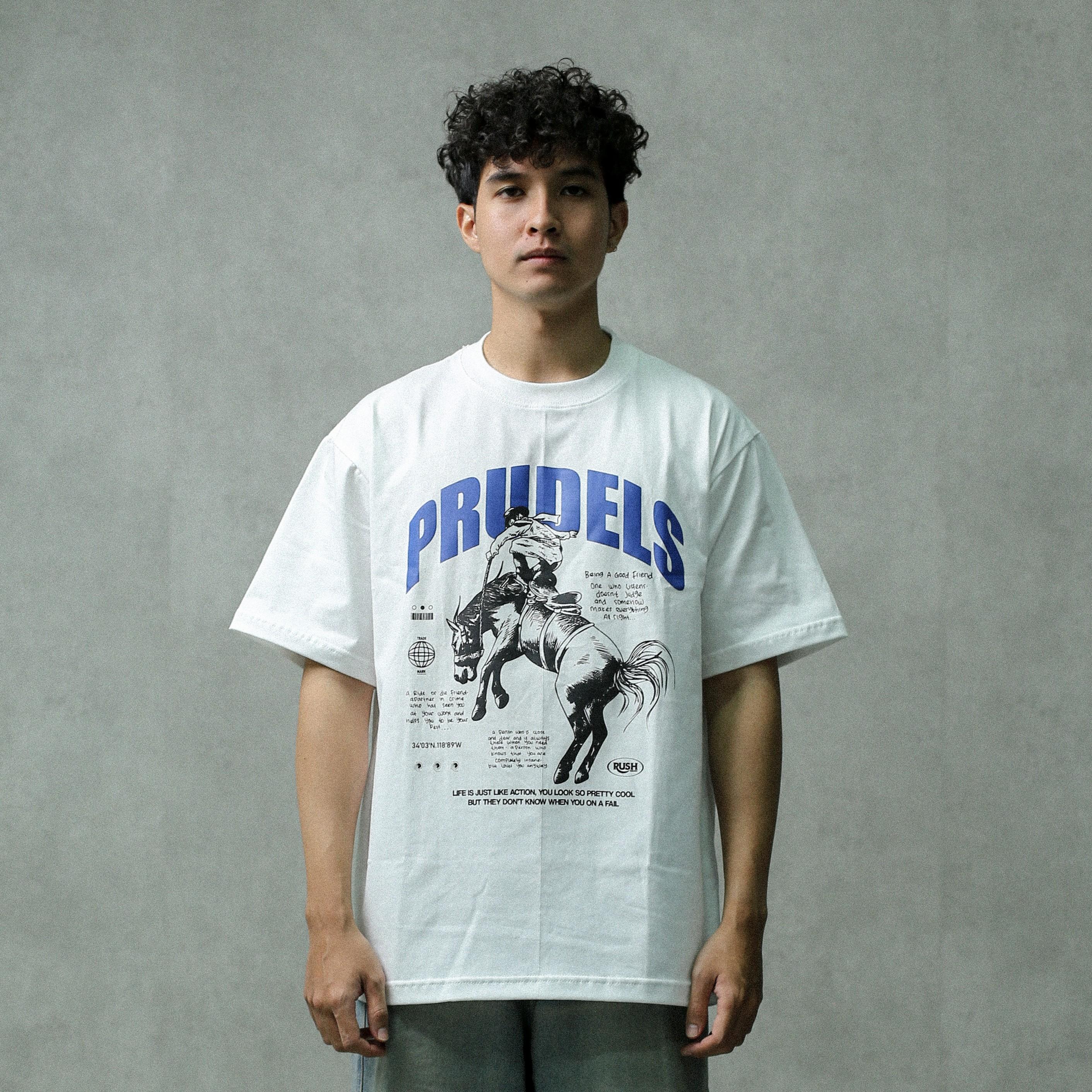 Prudels Kaos Oversize Putih Unisex - Premium Distro Streetwear - Artikel Horse - Full Cotton 16s Tebal & Eksklusif foto 3